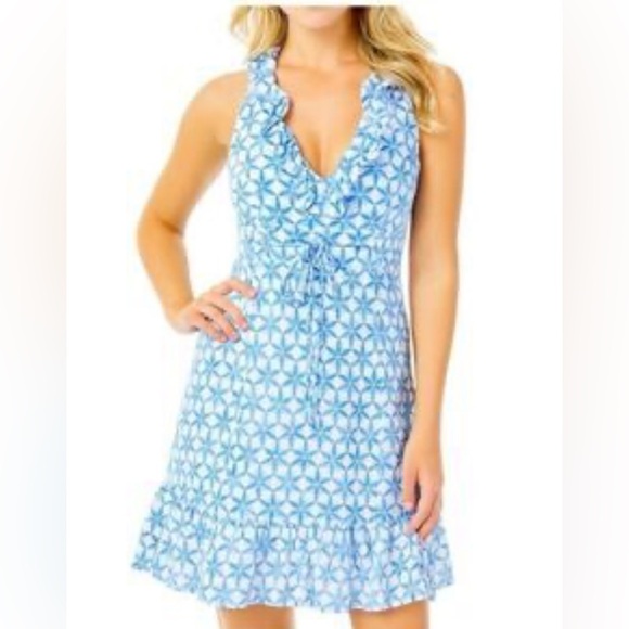 Lilly Pulitzer Dresses & Skirts - Lilly Pulitzer Dexter Dress Blue Starfruit Ruffle Halter Silk Blend Size 14 Read